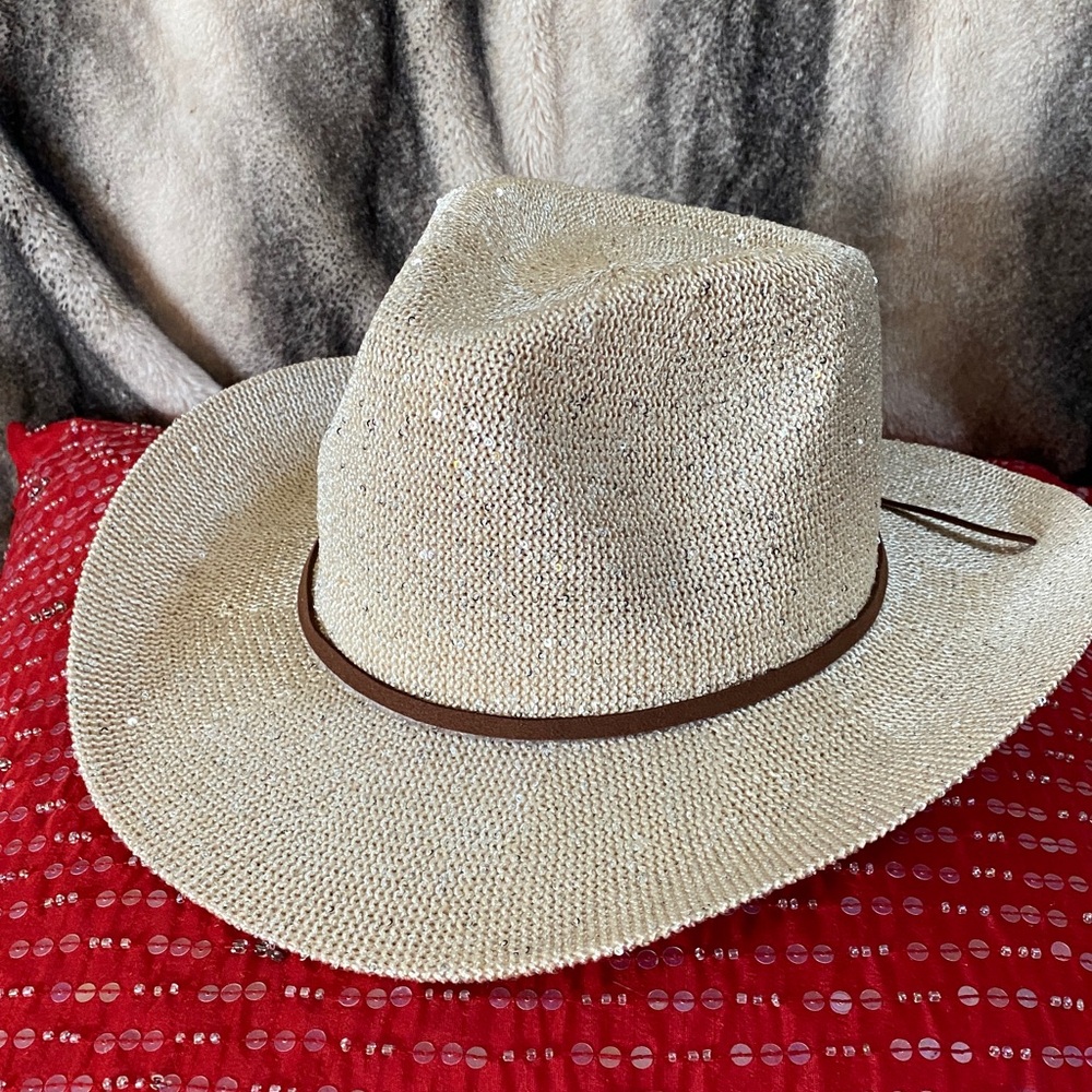 Designer Sparkling Nude Color Nude Sequins Cowboy Hat Adjustable Rim Interior - Picture 11 of 16